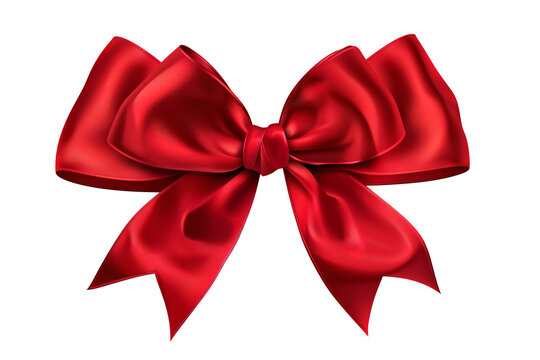 Red gift ribbon bow of silk or satin used on a Christmas or birthday present, png file cut out and isolated on a transparent background, festive stock illustration image