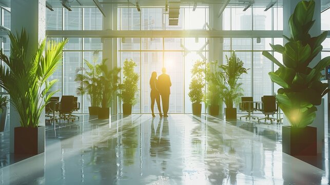 Business sustainability strategy in a modern office, diverse team, analyzing environmental impact, professional attire, digital tools, organized workspace, collaborative atmosphere. Generative AI.