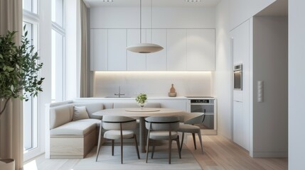 A modern breakfast nook with clean lines and comfortable seating, set against a white backdrop
