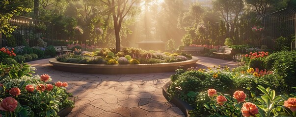A tranquil garden oasis in the heart of a bustling city, with winding pathways and blooming flowers.