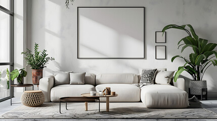 Cozy Living Room Interior with Blank Poster Frame Mockup