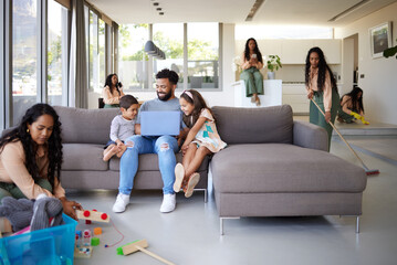 Balance, multitask and mother cleaning in living room with family on sofa for chores as housewife....