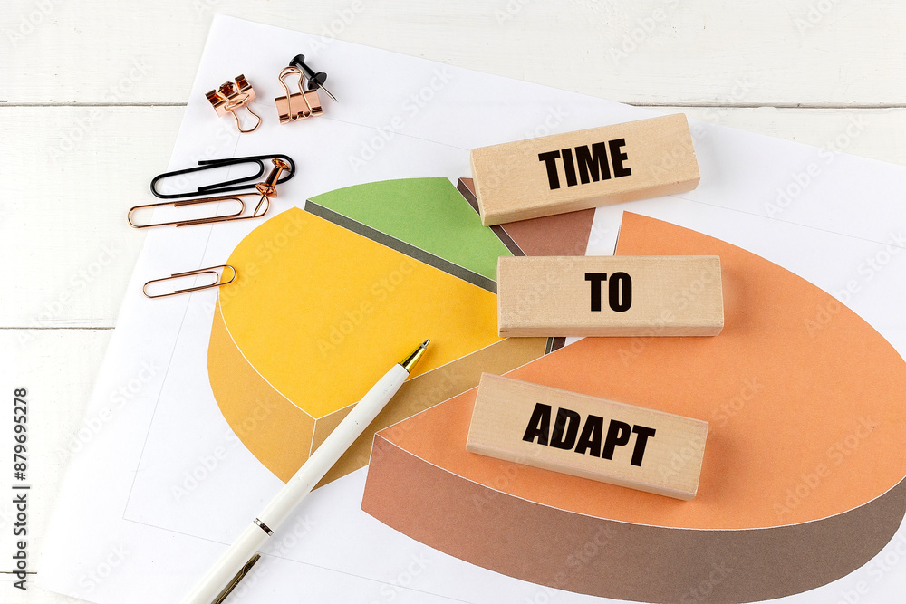 Poster time to adapt word on wooden block on chart background