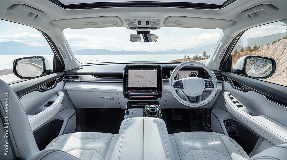 Poster the suv has a large rear space, three seats, all-white leather interior, center console and flat-pan