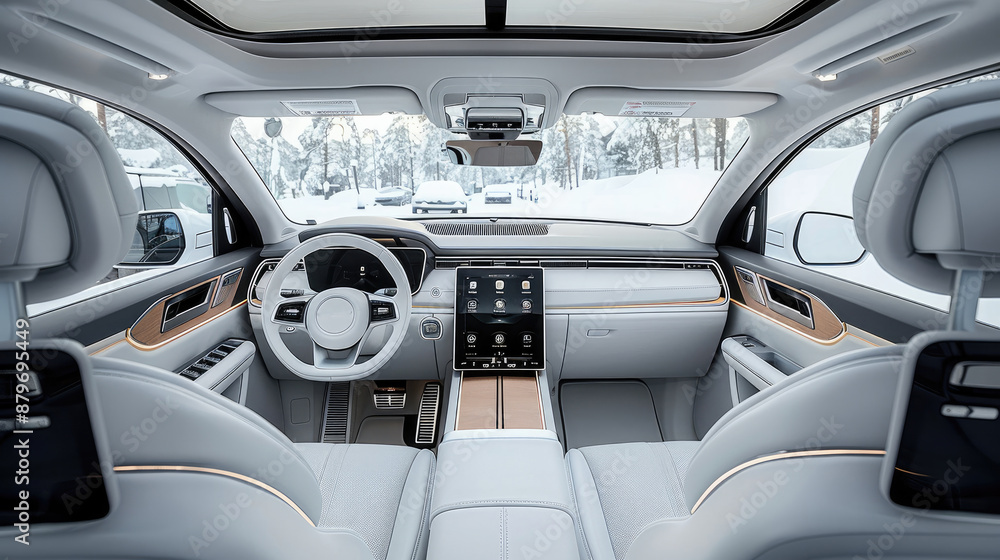 Poster the suv has a large rear space, three seats, all-white leather interior, center console and flat-pan