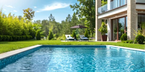 Swimming pool surrounded by a manicured lawn in the courtyard of a modern well-kept house