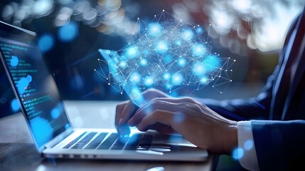 . A businessman using modern technology, utilizing a laptop and digital tablet connected to the internet