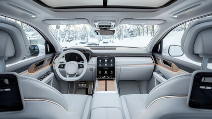 The SUV has a large rear space, three seats, all-white leather interior, center console and flat-panel touch screens on both sides, a head-up display above one screen. Generative AI.