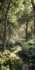 Fototapeta premium Sunlit forest path with lush greenery, white flowers, and tall trees. Gentle light filters through the leaves, creating a serene and inviting atmosphere.