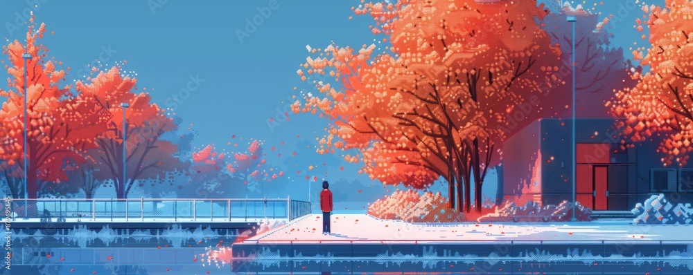 Poster a pixel art rendition of a minimalist composition of lines and shapes, conveying pixelated elegance 