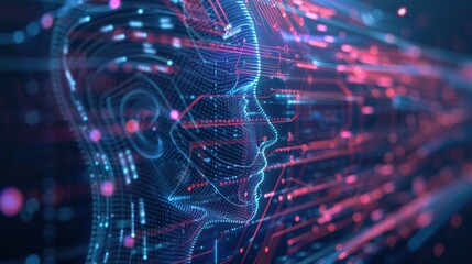 A digital rendering of a human head made of glowing lines and dots symbolizes artificial intelligence. The vibrant blue and orange colors highlight advanced technology