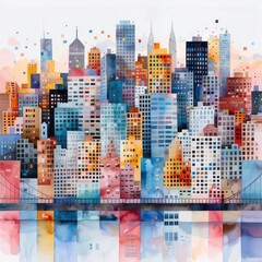 Obraz premium detailed watercolor artwork of a modern city skyline with skyscrapers and bridges