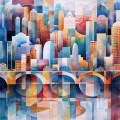 Obraz premium detailed watercolor artwork of a modern city skyline with skyscrapers and bridges