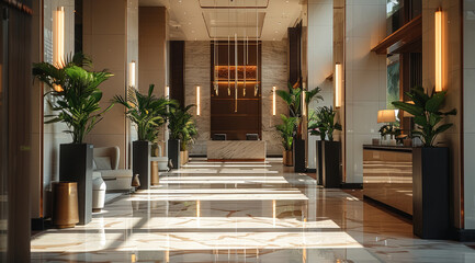 The hotel lobby, luxury, high-end and atmospheric. Generative AI.