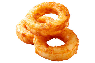 Closeup of stack of crunchy battered onion rings isolated on a white transparent background.