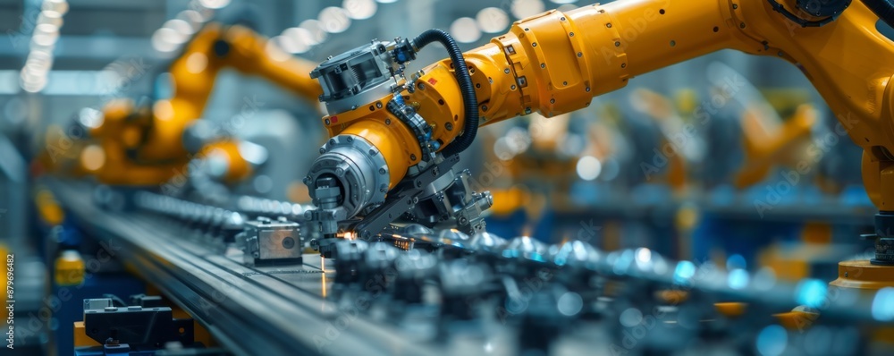 Poster a robot arm assembling a complex piece of machinery, its movements precise and efficient.