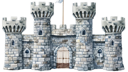Obraz premium Watercolor Fort Surrounded Castle Isolated on White Background: Fantasy Art, Historical Fortress Illustration
