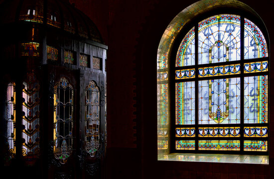 Entrance area in the old town hall of Bistrita (Bistritz) with a vestibule and stained glass window in Art Nouveau, Romania