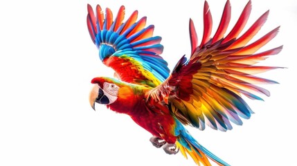 Vibrant, colorful parrot in mid-flight against a white background, showcasing its beautiful plumage and wings spread wide.