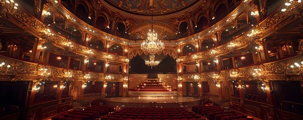 Grand opera house with opulent interior, illuminated chandeliers, and music