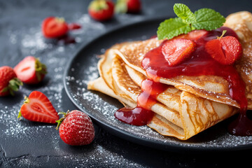 tasty and sweet pancakes or crepes on a black plate with strawberry jam, pancake or crepe