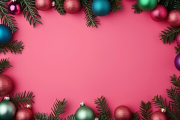 Festive Christmas Frame with Colorful Ornaments and Pine Branches on Pink Background. Horizontal banner with copy space