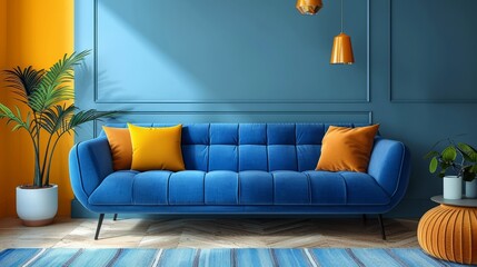 Modern blue sofa in a stylish living room with vibrant decor