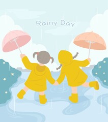 Illustration of friends wearing raincoats and using umbrellas on a rainy day