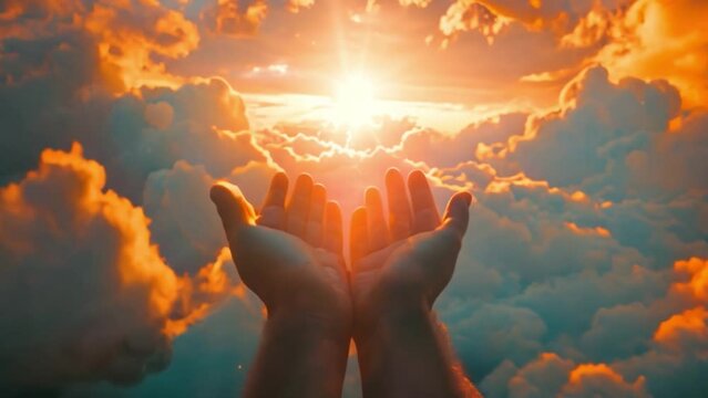A sign of the strength of faith and the constant presence of God or Jesus Christ, human hands are raised to heaven and their fingers extended in prayer.