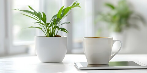 Creating a Productive Home Office Space with Coffee Mug, Notebook, Tablet, and Green Plant. Concept Home Office Organization, Productivity Tips, Workspace Essentials, Indoor Plants, Remote Work Setup