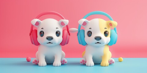 Two cute puppies listening to music wearing colorful headphones on pink and blue background, adorable dogs concept