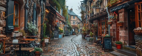 Fototapeta premium A quaint cobblestone street lined with charming shops, cafes, and old-fashioned buildings.
