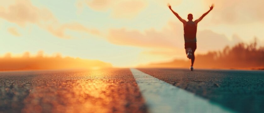 Goals, athlete crossing the finish line with triumphant expression, achievement and victory