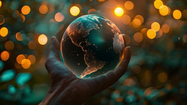 An illuminated digital globe presenting climate data and environmental metrics on public display: ecology and sustainability for a better future - Powered by Adobe