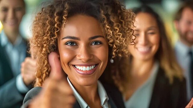 Against the backdrop of professional collaboration, the businesswoman genuine smile and thumbs-up gesture epitomize the spirit of teamwork and mutual support	