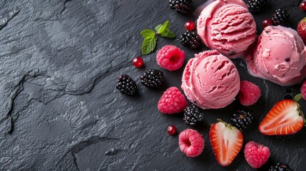 Delicious raspberry and blackberry ice cream on dark slate background