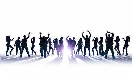 White background with shadows of partygoers dancing in a nightclub 