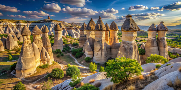 Whimsical fairy chimneys, mushroom-shaped volcanic formations, rise among ancient trees in surreal Turkish landscape of Cappadocia's Imagination Valley, near Urgup and Goreme towns.
