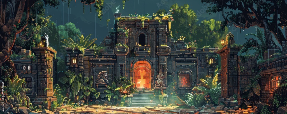 Poster a pixel art rendition of a pixelated dungeon filled with pixelated monsters and pixelated treasure, 