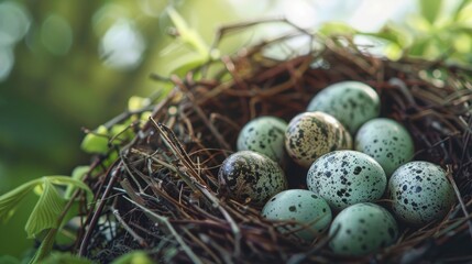 Obraz premium Close-up of a house finch's nest containing small, speckled eggs