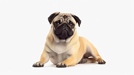 Fototapeta premium Isolated pug dog against a stark white background 