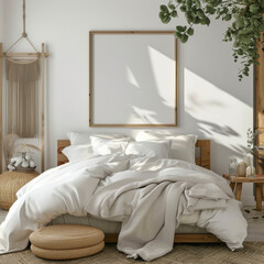 3D render of a mock-up frame in a farmhouse-style bedroom interior.