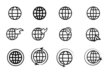 Set of Globe Icons Representing Global Connectivity, Worldwide Services, and International Communication