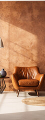 Retro vibes with a mid-century modern brown leather armchair and a geometric side table in a sunlit room with a warm, textured clay wall.
