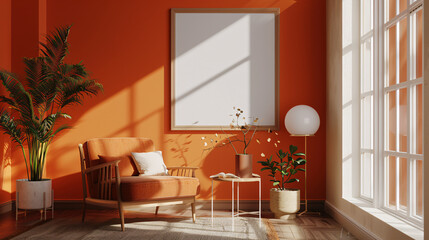Warm, inviting living room with stylish mid-century modern furniture and decor in burnt orange and natural colors,???????????