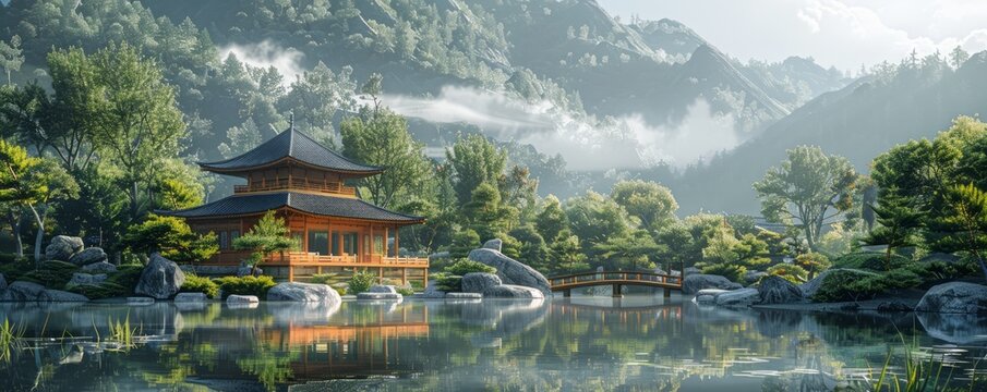 A tranquil zen temple nestled in the mountains, where monks meditate in serene gardens.