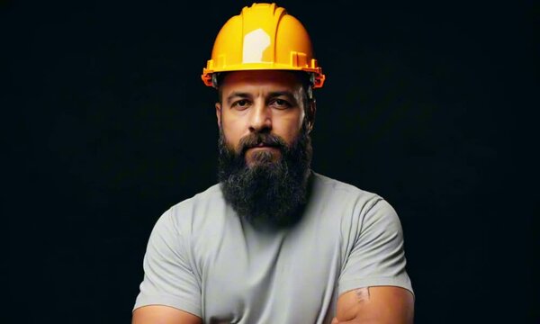 Bearded builder isolated on black background. Bearded man worker with beard, building helmet, hard hat