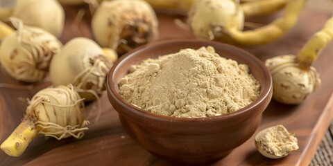 Fototapeta premium Benefits of using Peruvian maca root powder for health and nutrition. Concept Superfood, Hormone balance, Energy boost, Improved mood, Stamina