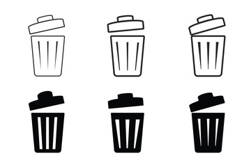 Set of Six Trash Can Icons in Various Styles and Shades Including Outline, Filled, and Tilted Lid Variations