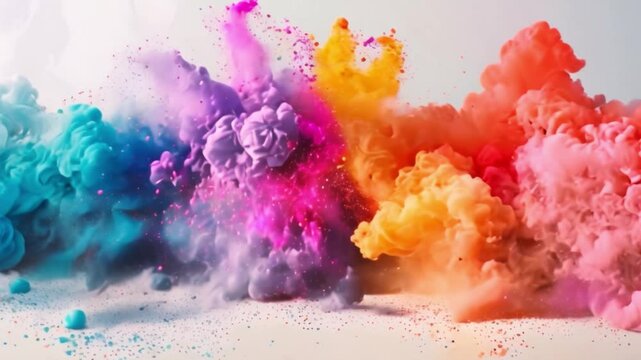 A burst of vibrant colored powder erupts, suspended in mid-air against a pristine white background, showcasing hues of cyan, magenta, yellow, and black toner in a mesmerizing display of color